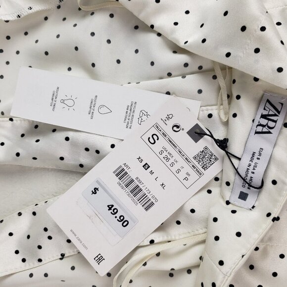 Zara Ruched Mini Halter Dress Womens Small White Black Polka Dot V Neck NEW - Picture 14 of 15